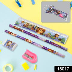 A Sofia the First stationery set, including two pencils, a ruler, an eraser, and a sharpener, displayed on a blue and yellow