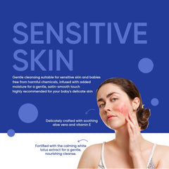 A woman with sensitive skin touching her cheek, with text about gentle cleansing and soothing ingredients.
