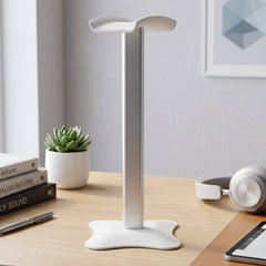 White metal headphone stand with dimensions of 23 cm height and 10 cm width.