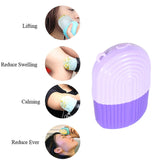 A purple silicone ice roller with four circular insets showing a person using it on their face, arm, and elbow.