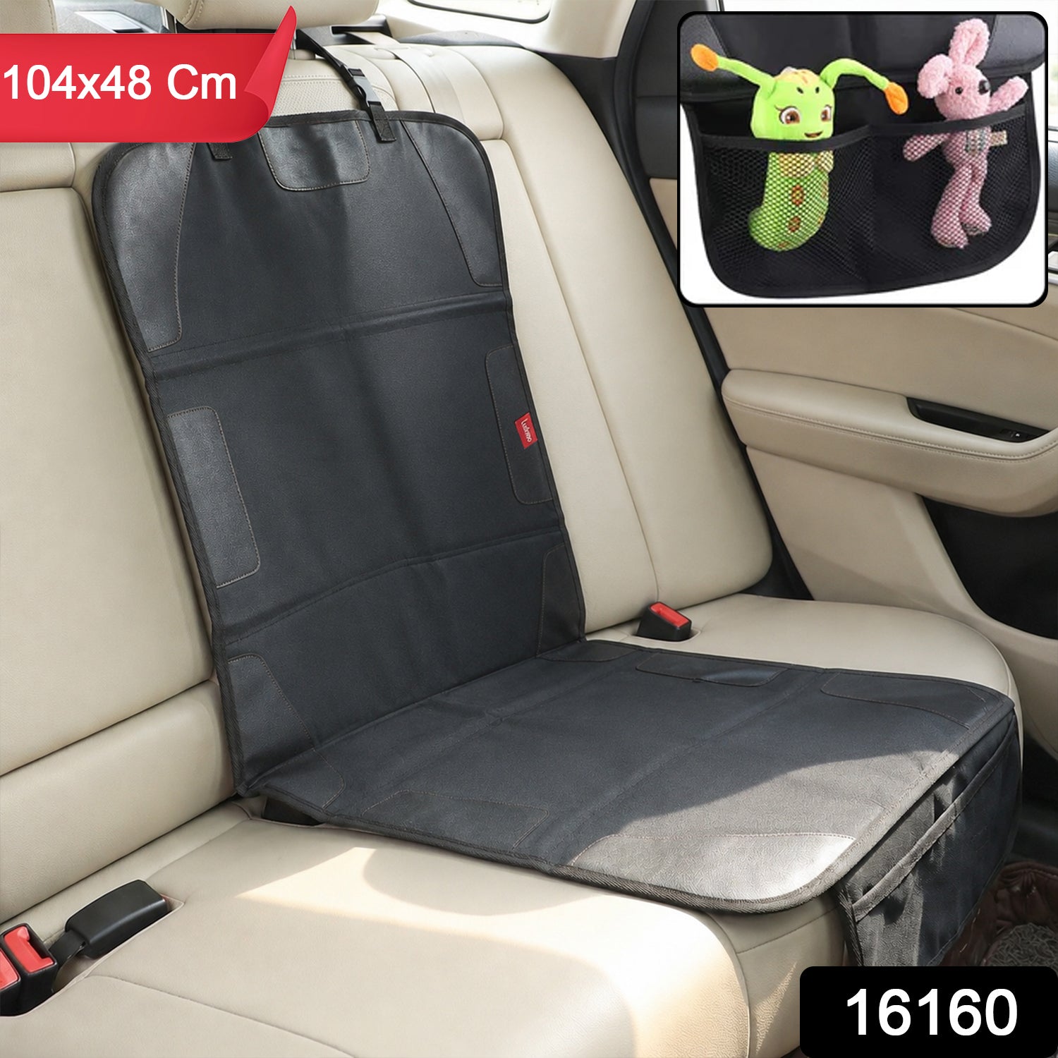 A black car seat protector is installed in a light-colored vehicle, with a mesh toy organizer shown in the corner.