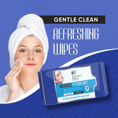 A woman with a towel on her head using a white facial wipe, next to a package of Beautiful Basics Refreshing Wipes.