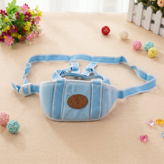 A light blue baby walking harness with white stripes and a brown emblem, shown against a plain white background.