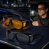Two pairs of wrap-around glasses, one with yellow lenses and one with dark lenses, on a car dashboard, with an inset of a