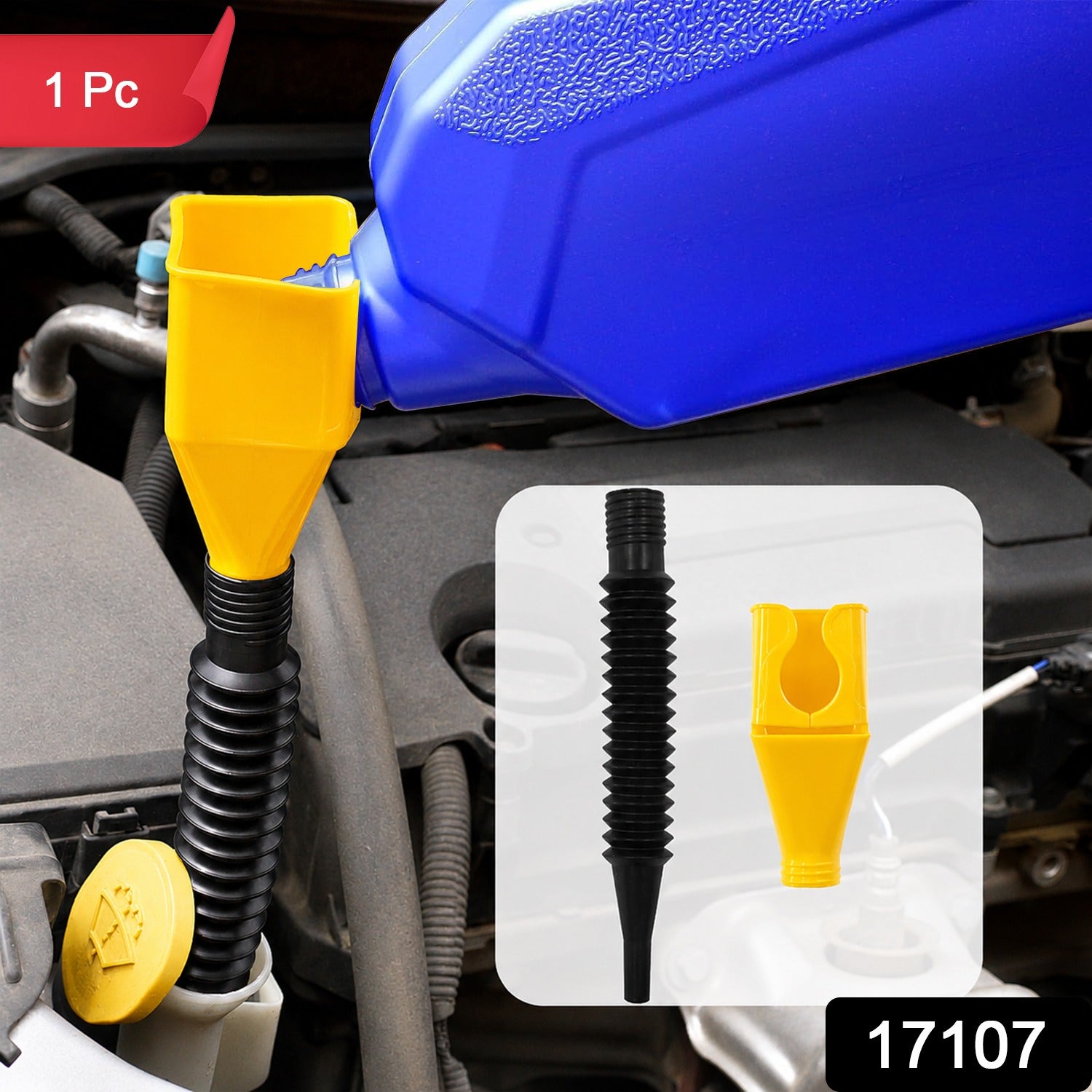 A yellow and black plastic funnel with a flexible corrugated tube is inserted into a car engine, with a blue bottle pouring
