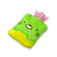 A green and yellow kitty hot water bag with a pink bottle, on a white background.