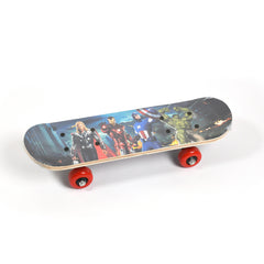 A wooden skateboard with a colorful Avengers superhero graphic and bright red wheels is displayed on a white surface.