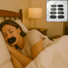 A man is shown before and after using a black oval mouth tape while sleeping in a bed.