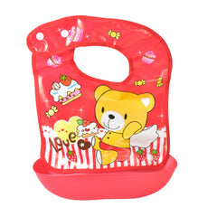 A full view of the red waterproof baby bib with a cartoon bear and sweet treats, on a white background.