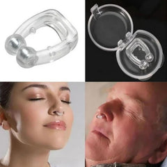 A clear silicone anti-snoring magnetic nose clip is shown alone, in its case, and worn by a woman and a man.