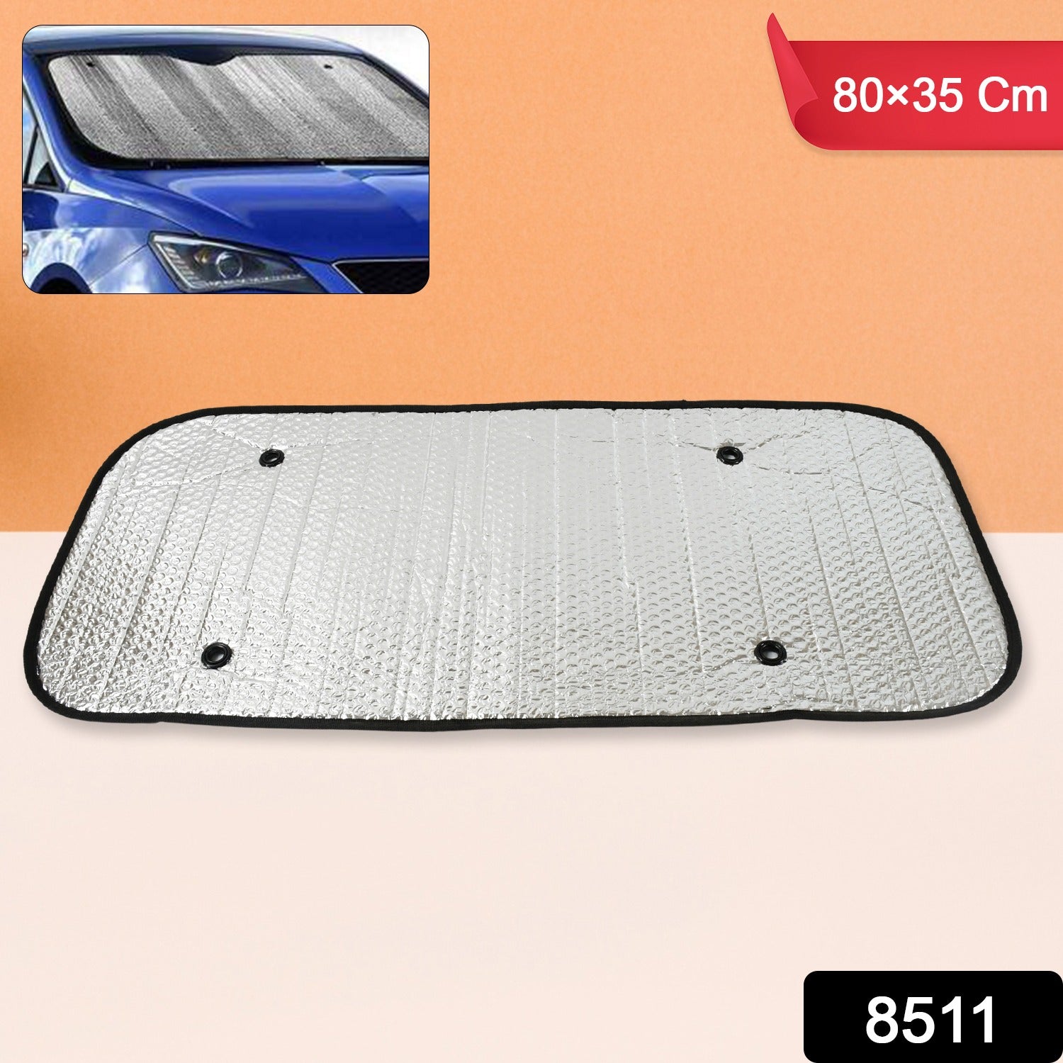 A silver car windshield sun shade with black trim and four suction cups, shown flat, with an inset of it installed in a blue