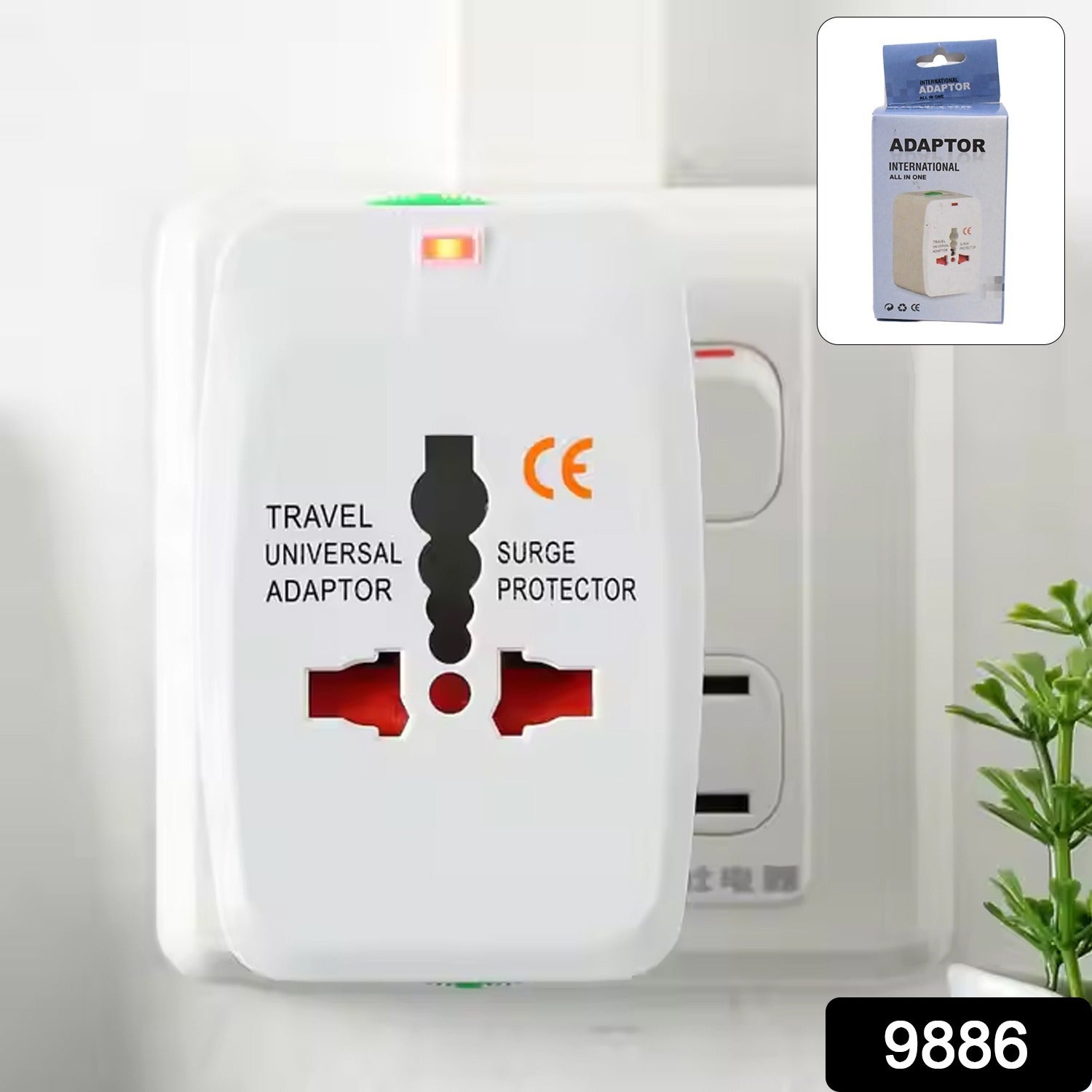 A white universal travel adapter with red outlets and a glowing orange indicator light is plugged into a wall socket.