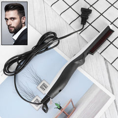 A black electric beard and hair comb with a long cord and plug rests on a patterned white and blue surface, with a man's