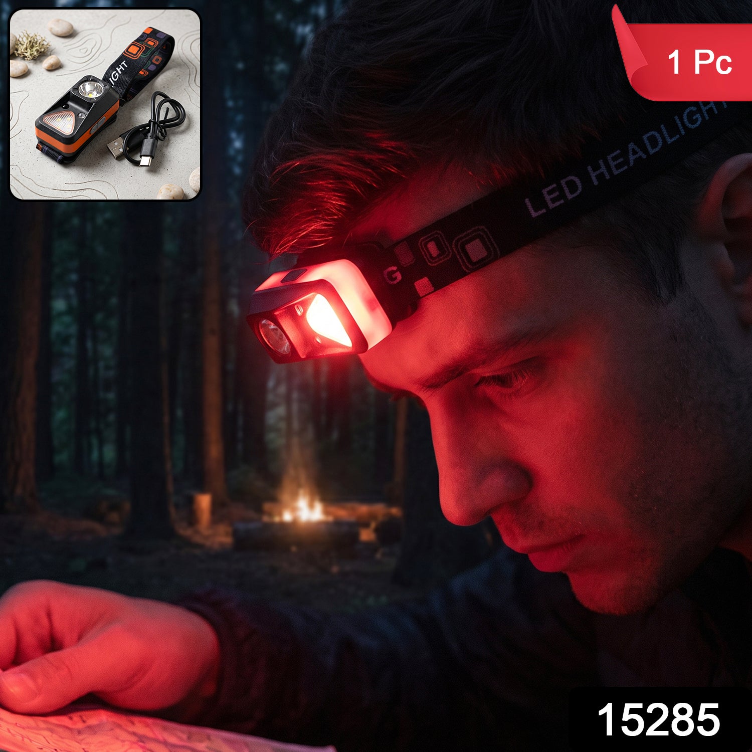 Man wearing an orange and black headlamp with a red light, reading a map in a dark forest at night with a campfire in the