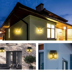 Three views of the black solar wall lamp illuminating different house exteriors at night with warm light.