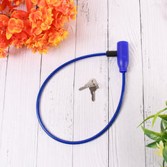 The blue cable lock and two keys are arranged on a white wooden background with orange and green plants.