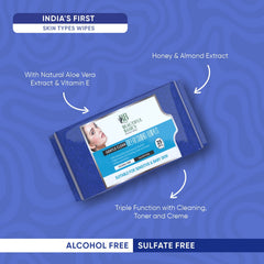 A single blue package of Beautiful Basics Refreshing Wipes with text highlighting ingredients and functions on a blue