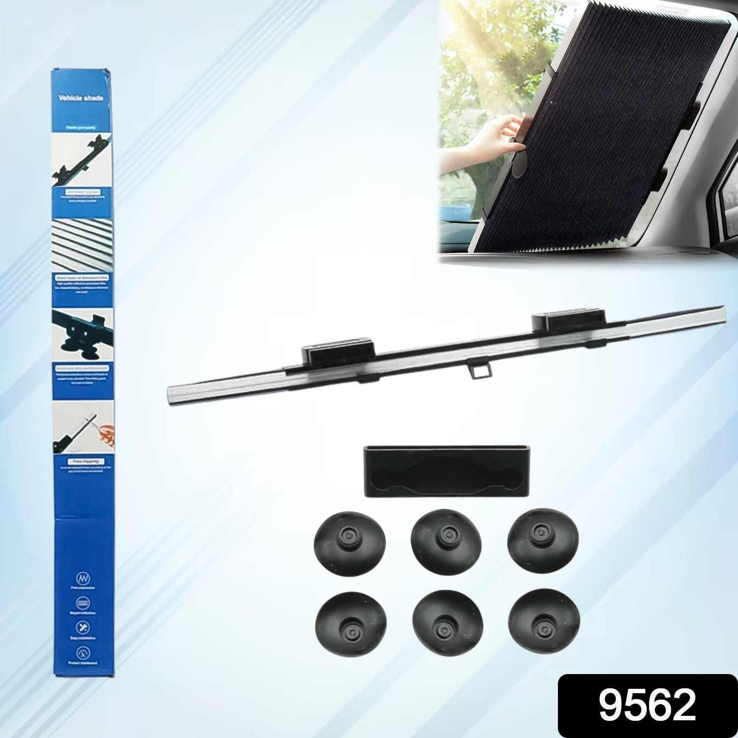 A blue box with product information, a black retractable sunshade, and six black suction cups are displayed on a white