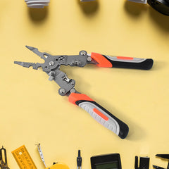 The wire stripper tool is displayed on a bright yellow background, with other tools partially visible around its edges.