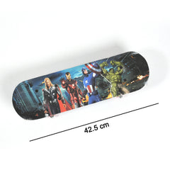 A skateboard with a superhero design and red wheels is shown with a measurement of 42.5 cm across its length.