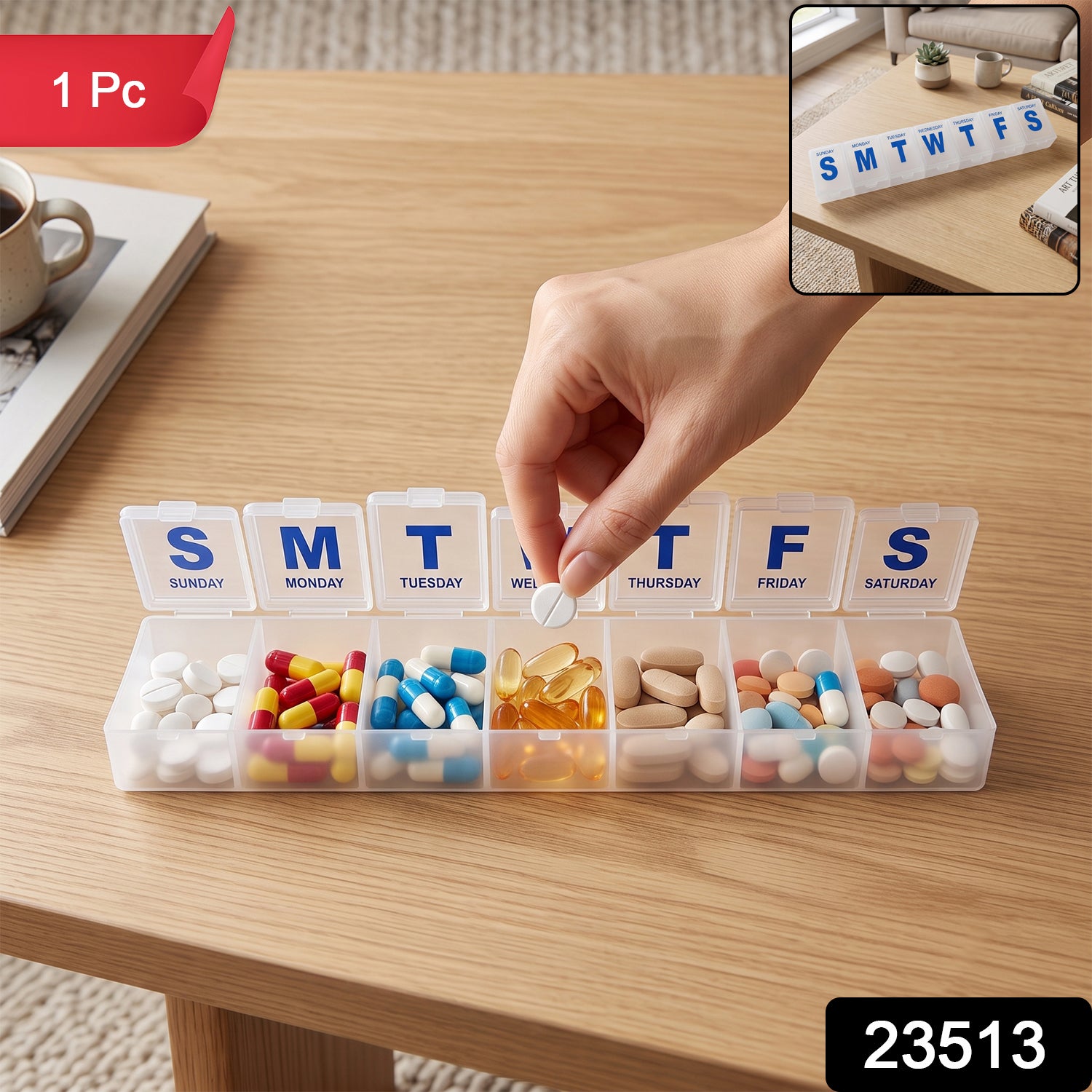 A hand places a white pill into a clear plastic pill organizer filled with various colorful medications on a wooden table.
