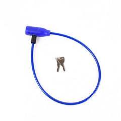 An overhead view of the blue cable lock and two silver keys on a plain white background.