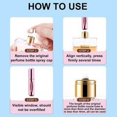 Four step-by-step instructions illustrate how to refill the portable perfume atomizer from a larger bottle.