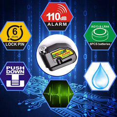 A black disc lock surrounded by hexagonal icons detailing its features like 110dB alarm, 6mm pin, and batteries.