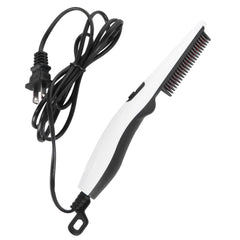 A white and black electric beard and hair straightening comb with a long coiled black cord and plug is shown on a white