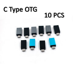 Ten USB-C adapters in black, grey, and blue are neatly aligned on a white background.
