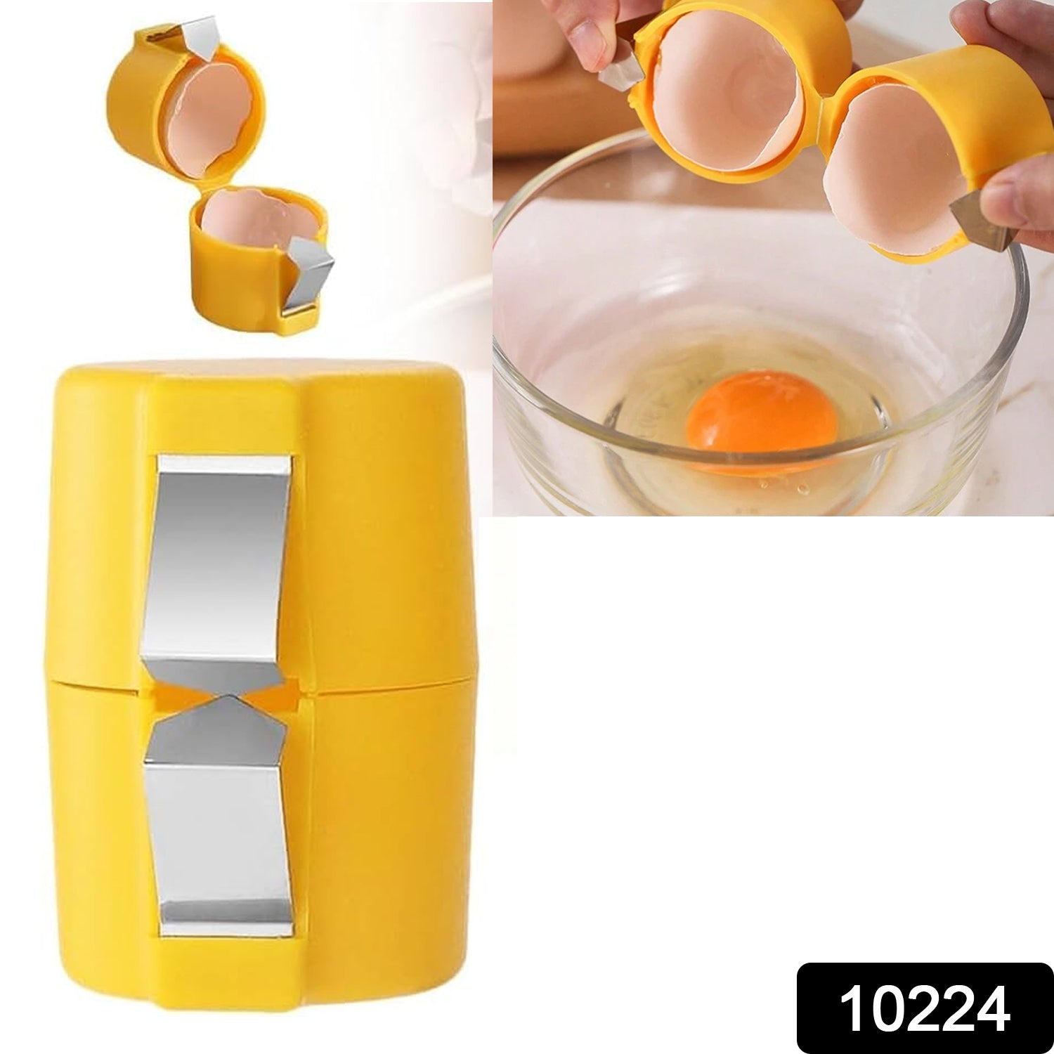 A yellow egg cracker tool with stainless steel blades is shown, with two insets demonstrating its use to separate an egg.
