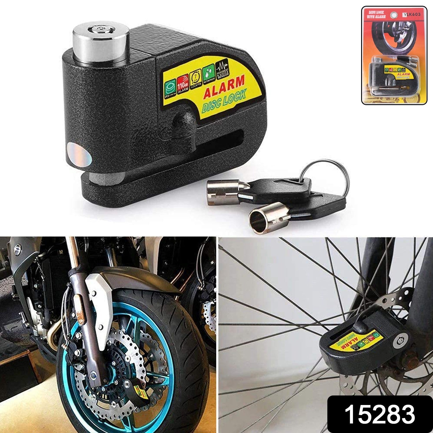 A black disc lock with yellow alarm label, two keys, and an inset showing it on a motorbike wheel and packaged.