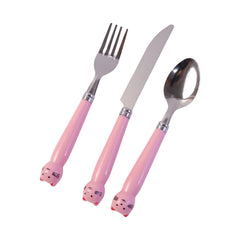 A pink cat-themed fork, knife, and spoon are arranged on a white background.