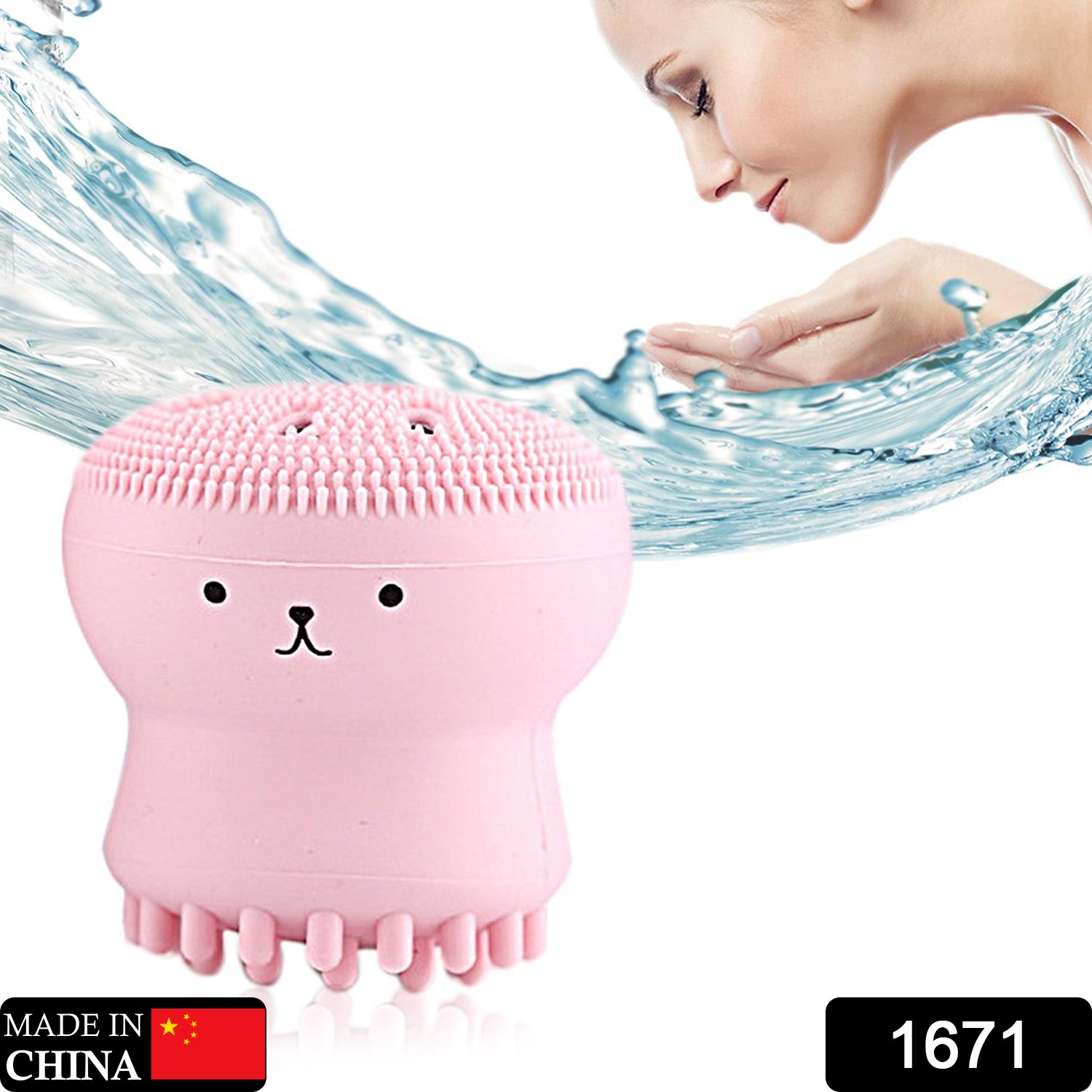 A pink octopus-shaped silicone facial cleansing brush with a cute face and a woman washing her face in the background.