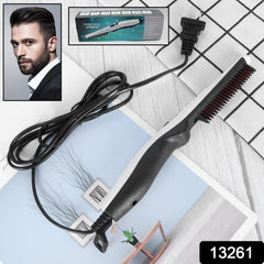 A black electric hair and beard straightening comb with a long cord and plug rests on a patterned white and blue surface,