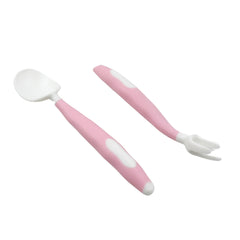 A pink and white baby spoon and fork with bendable handles, isolated on a clean white background.