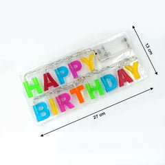 Clear plastic packaging containing the multicolour "Happy Birthday" string lights, with dimensions of 13 cm by 27 cm.
