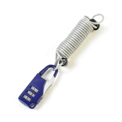 A blue carabiner-style combination lock with a silver coiled wire extending from its top, presented on a white surface.