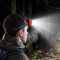 Close-up view of the black and orange headlamp unit with two gray buttons on a dark textured surface, surrounded by camping