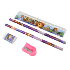A Sofia the First themed ruler, two pencils, a white eraser, and a pink sharpener are arranged on a white surface.