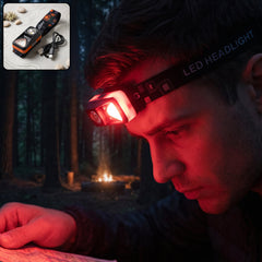 Man hiking in a dark forest at night, wearing an orange and black headlamp emitting a bright white beam of light forward.