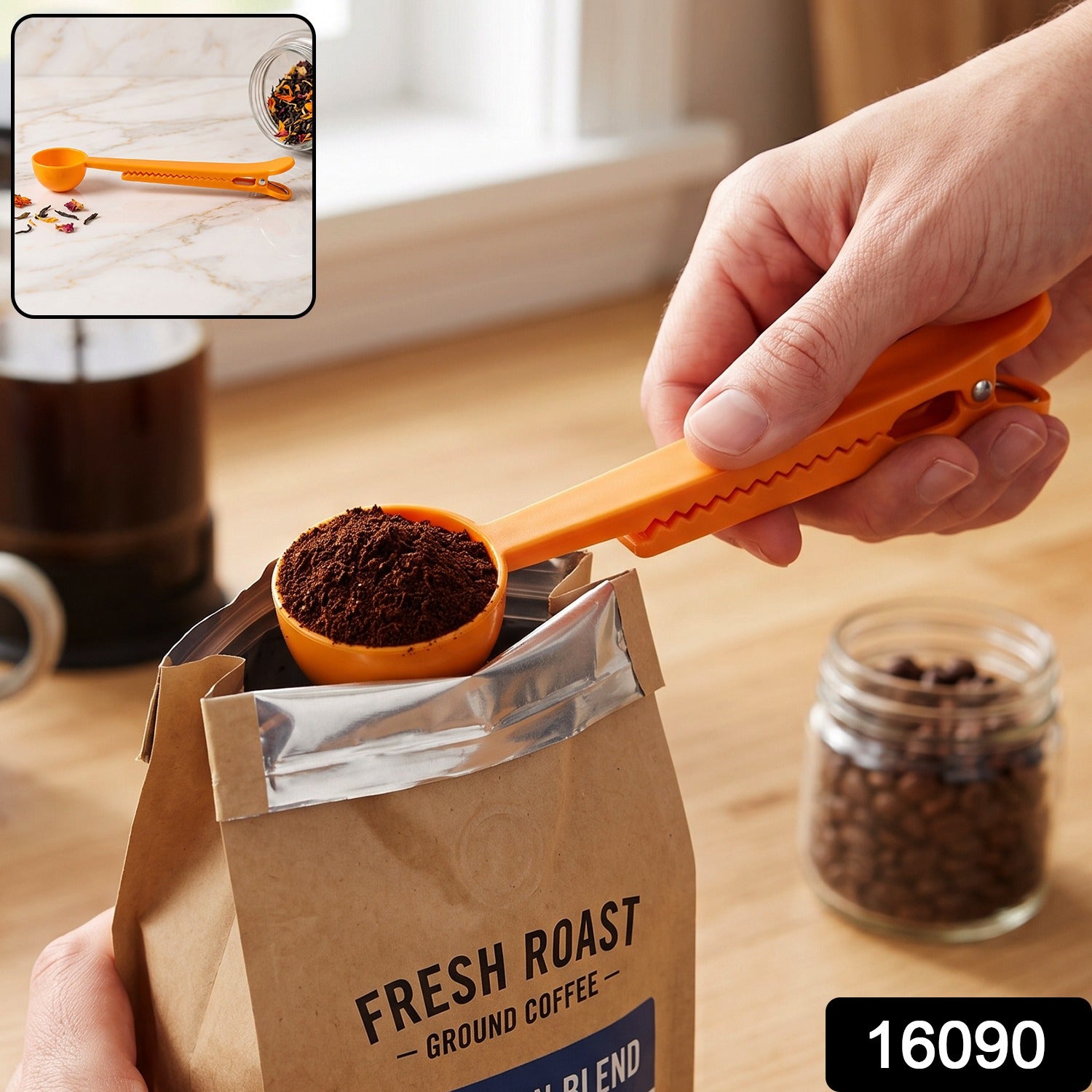 A hand holds an orange plastic scoop with coffee grounds over a bag, with a small inset showing it clipping a bag of spices.