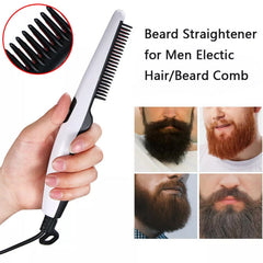 A hand holds a white and black electric beard straightener, with various bearded men and text