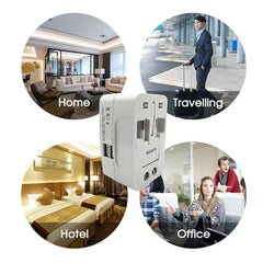 White universal travel adapter surrounded by four circular images depicting different usage scenarios: home, traveling,
