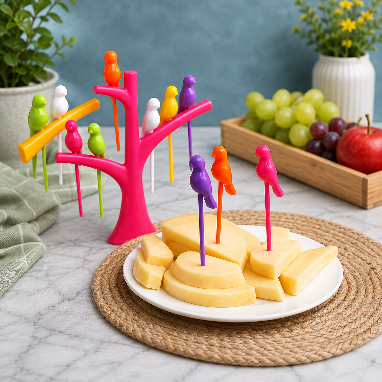 A pink tree holder with colorful bird fruit forks in cheese cubes on a white plate, with grapes and an apple in the