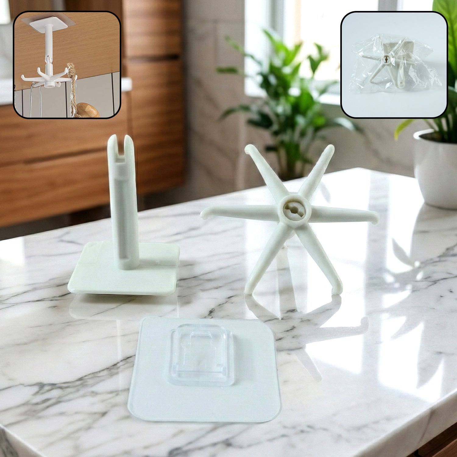 Disassembled white plastic hook components are displayed on a marble countertop, with insets showing the assembled hook.