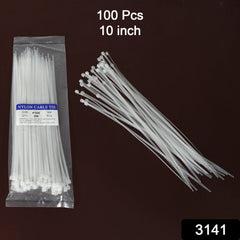 A clear plastic bag of white nylon cable ties next to a loose pile of ties, with text '100 Pcs 10 inch'.