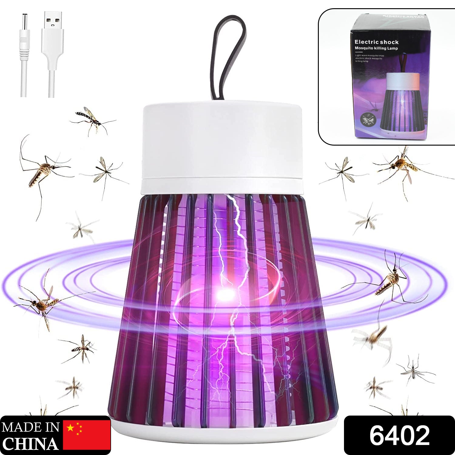 A black and white Mosquito Killer Lamp with purple light and electric arcs is surrounded by mosquitoes, with a USB cable and