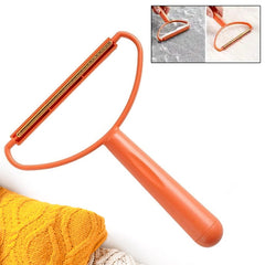 An orange lint remover with a metal shaver, with two inset images showing it in use on fabric.