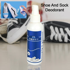 A white and blue bottle of shoe and sock deodorant stands upright with black canvas shoes in the blurred – view 3